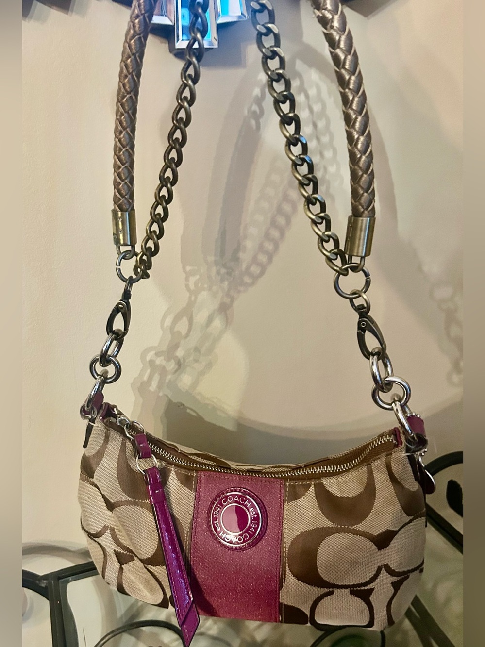 Coach Vintage Signature Canvas Shoulder Bag with Magenta Accents - Picture 6 of 16